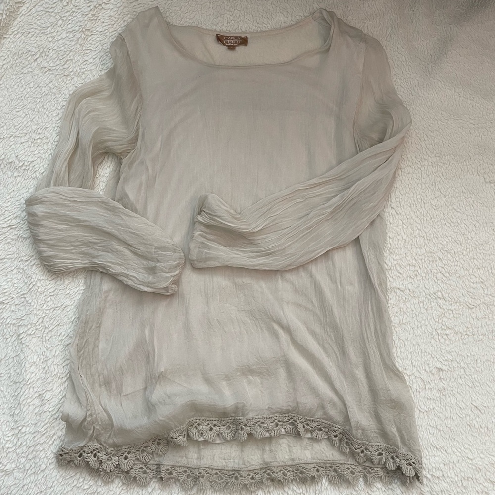 Carla Conti Silk Shirt with crocheted trim.